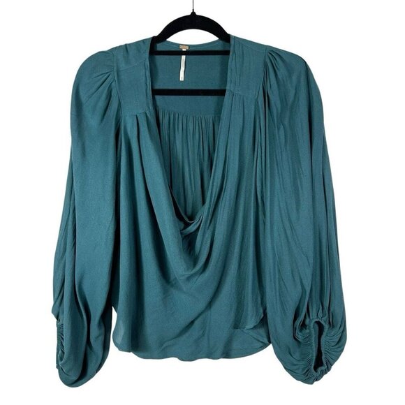 Free People Draped Cowl Neck Poet Blouse Top Silky Flowy Blue Boho Romantic XS - Picture 1 of 7